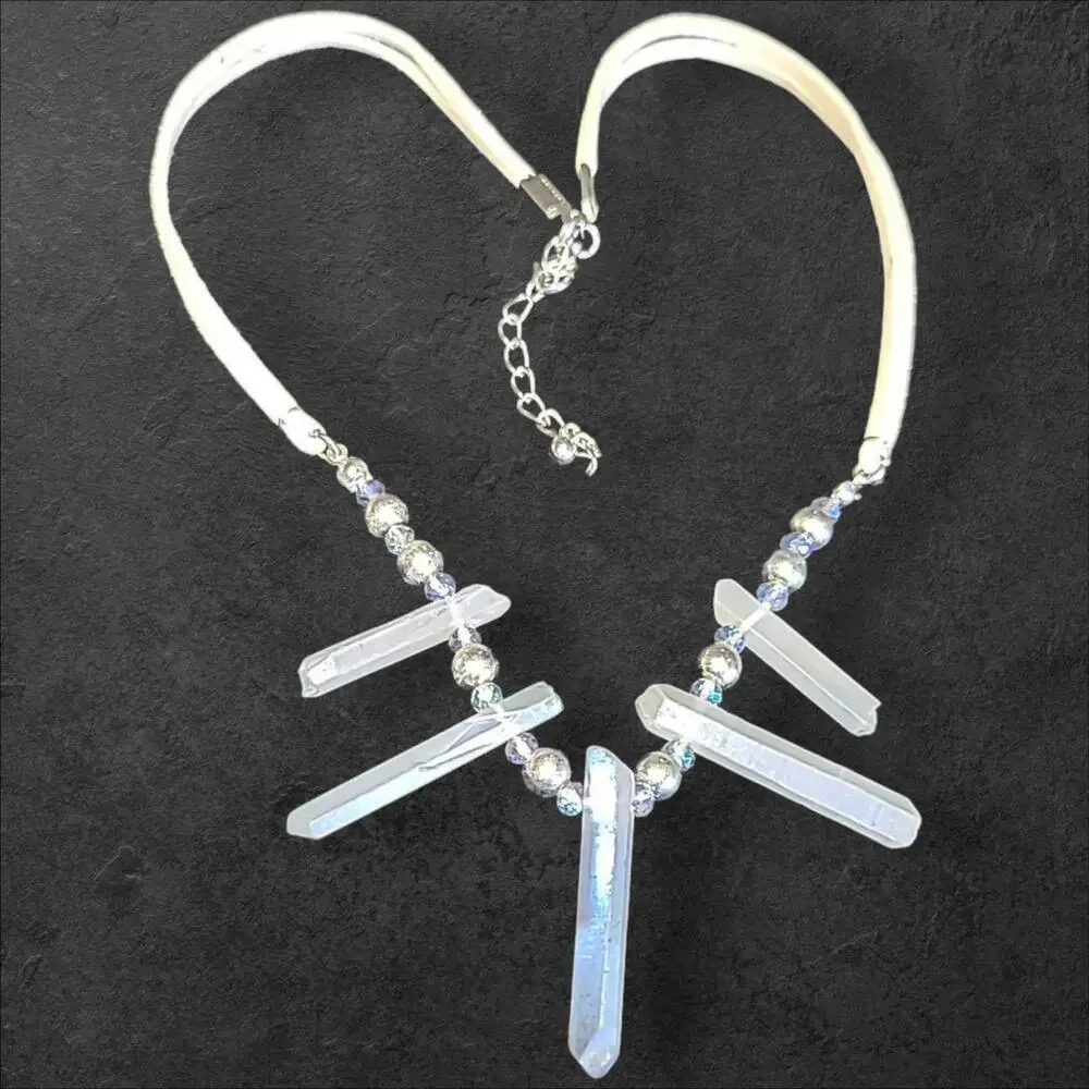 Blue Crystals Beige Faux Leather Statement Necklace 16